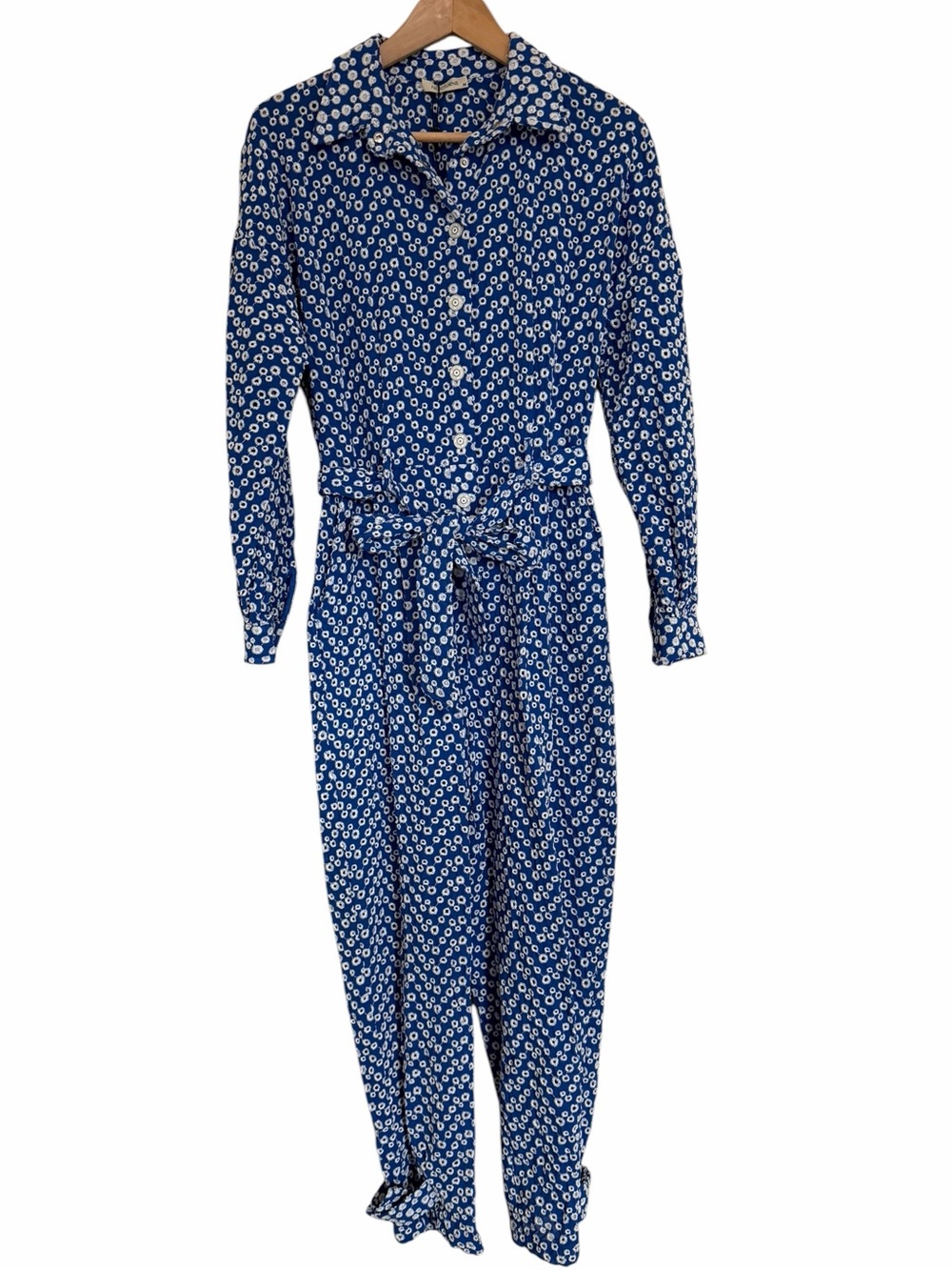Nocturne brand Blue Button-Up Belted Eyelet Jumpsuit size 38 (US 8) - Picture 2 of 15